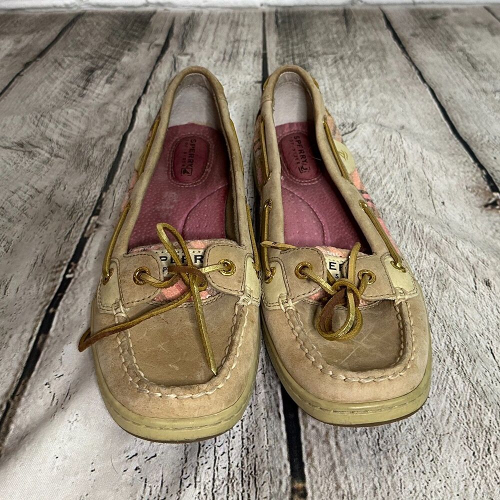C22 Sperry Top-Sider Tan & Pink Plaid Boat Shoes, Size 8.5, Pre-owned